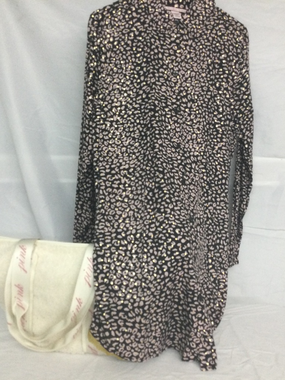 Victoria’s Secret Shirt Gown, Pink, Gold and Black Leopard Print, Med., VS Tote